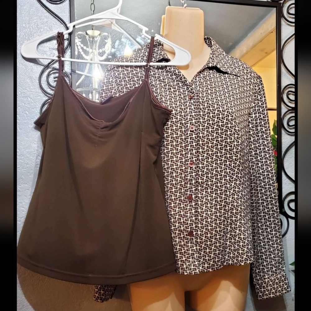 A Line Petite Buttons Down Shirt Blouse Top / Tribal Sleeveless Top Brown Set